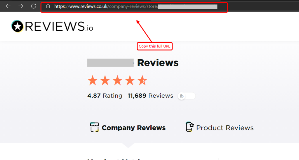 copy company url from reviews.io