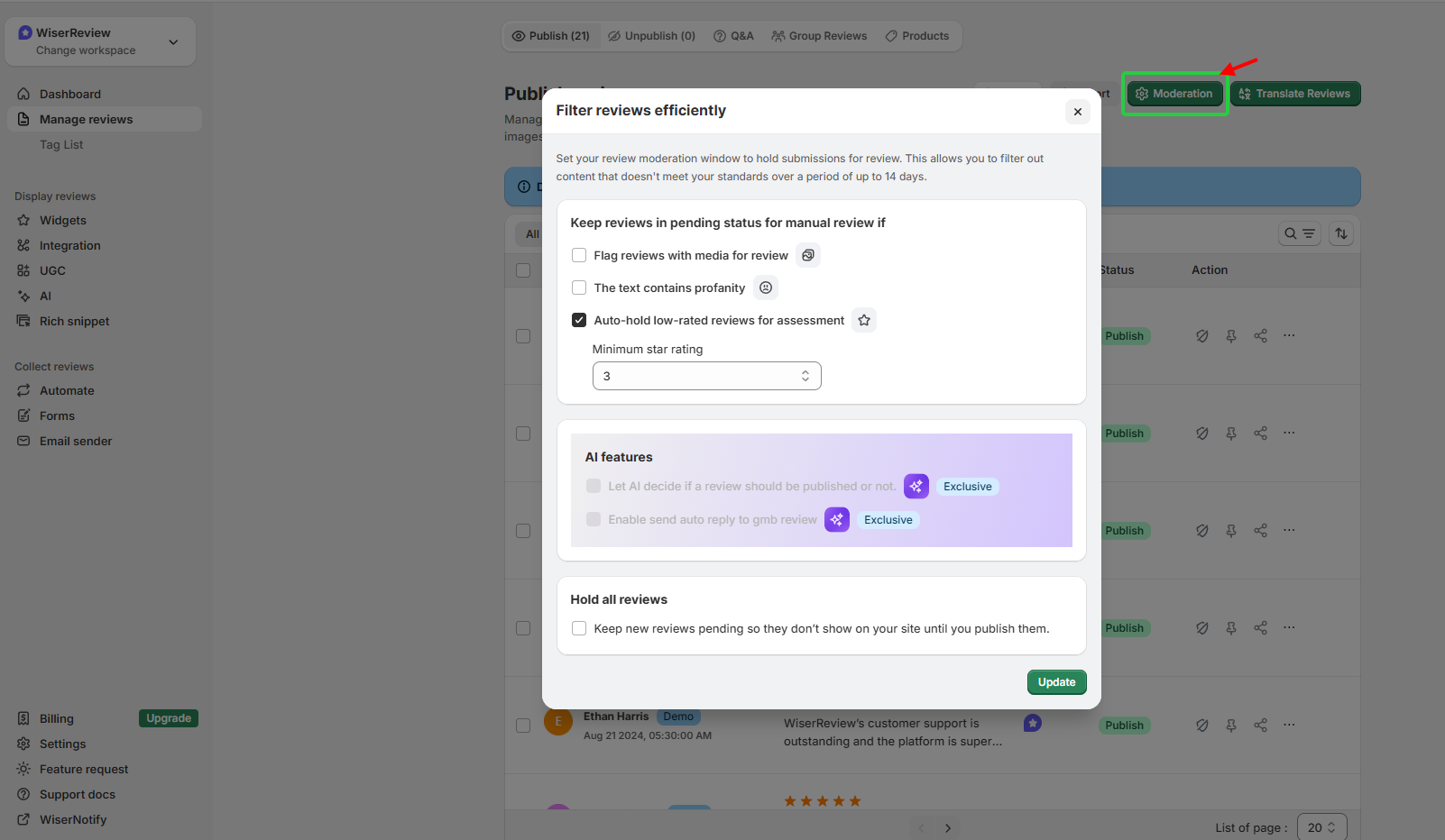 Review Moderation WiserReview
