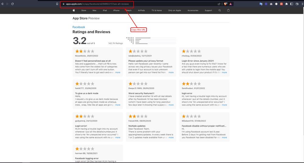 copy full url of all app reviews