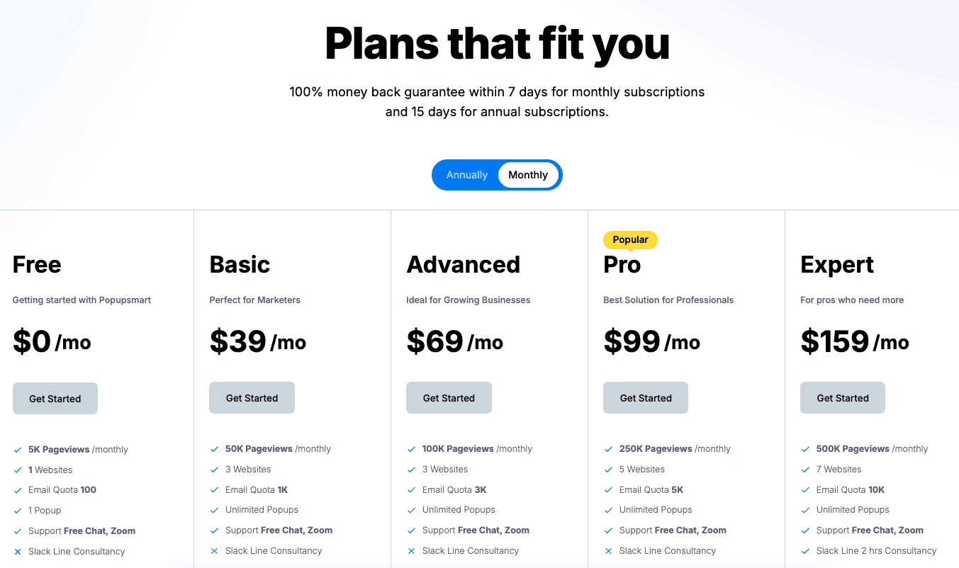 Popupsmart Pricing Page Screenshot