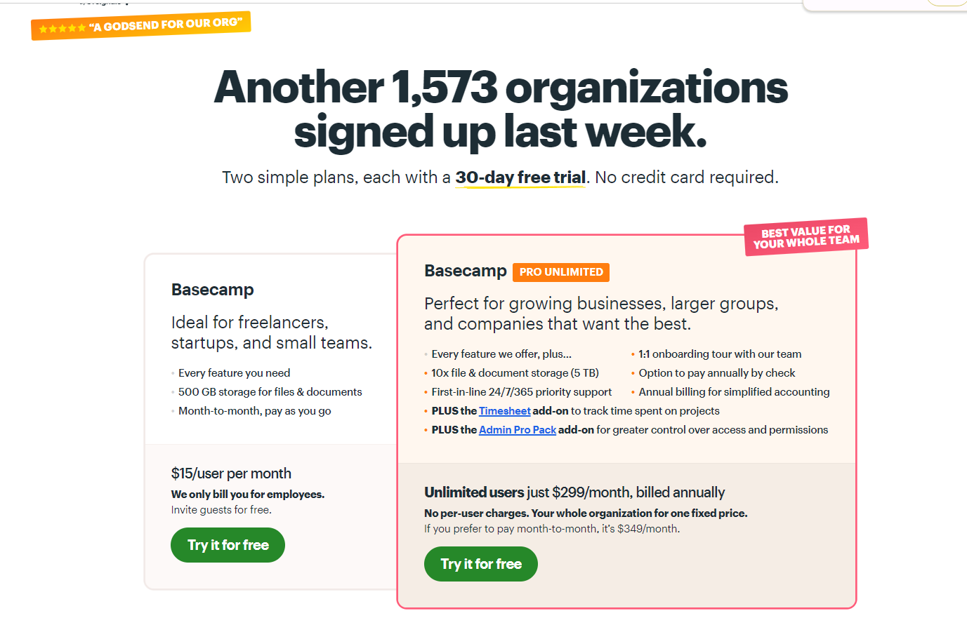 Basecamp pricing page