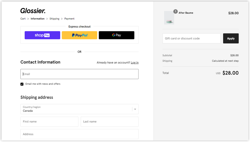 Glossier: minimal design keeps focus on completion