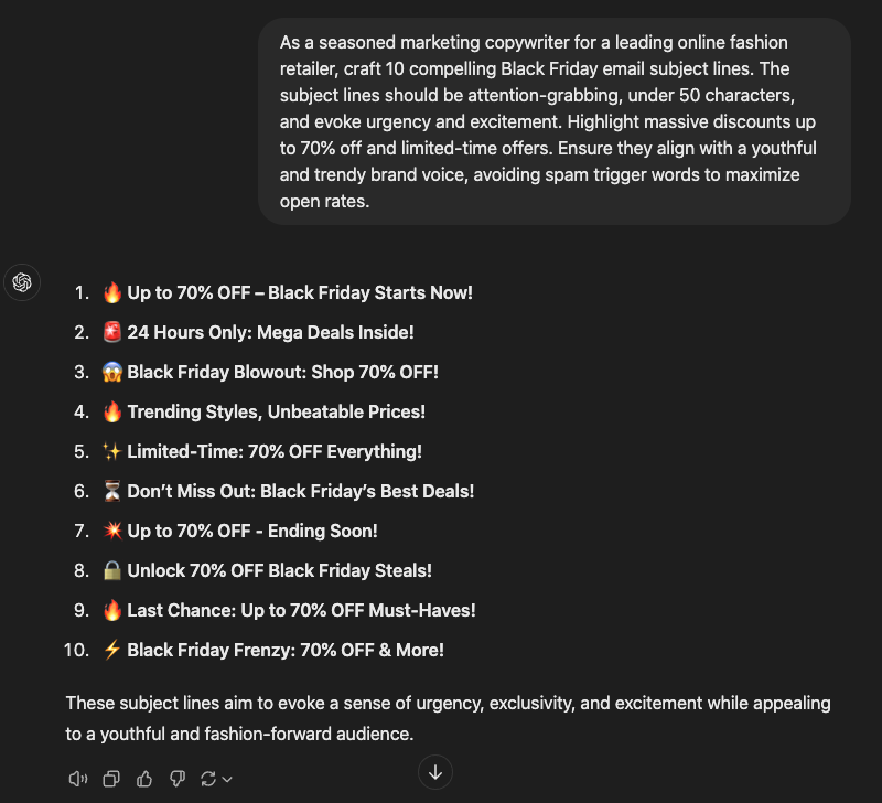 Another example of chatgpt advanve prompt for black friday