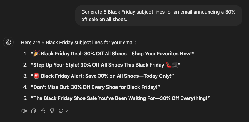 Chatgpt generated email subject line for black friday showing screenshot