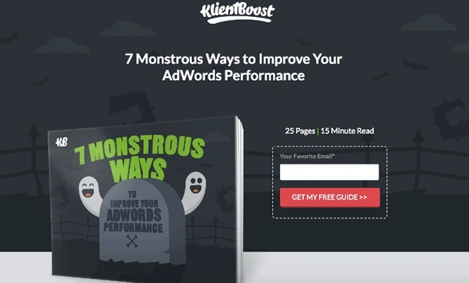 KlientBoost landing page with numbered headline 7 monstrous ways to improve AdWords performance