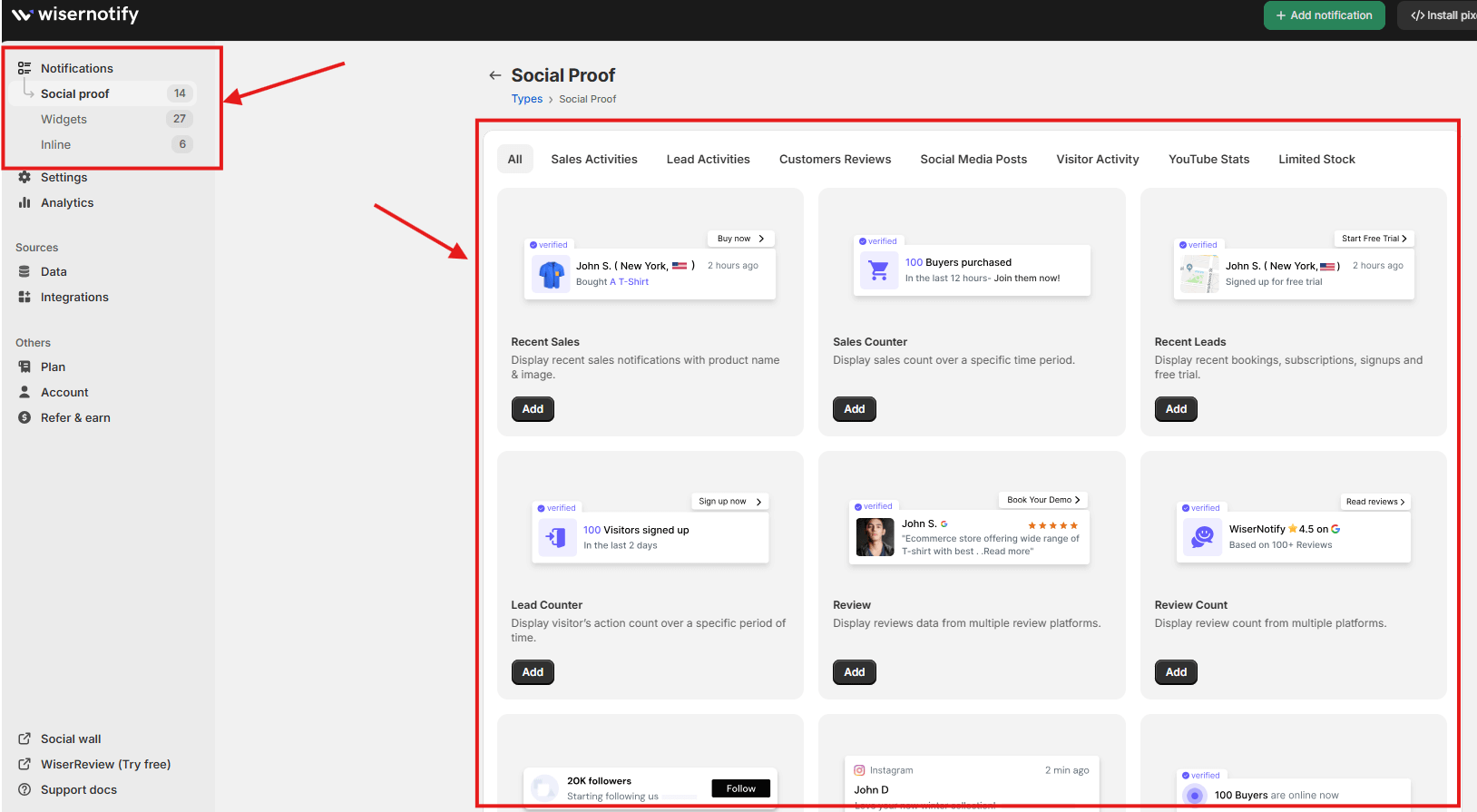 Social proof popup - WiserNotify dashboard