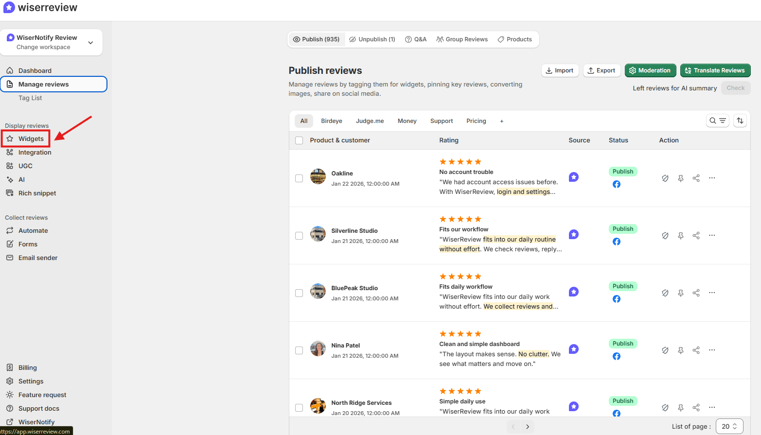 WiserReview dashboard