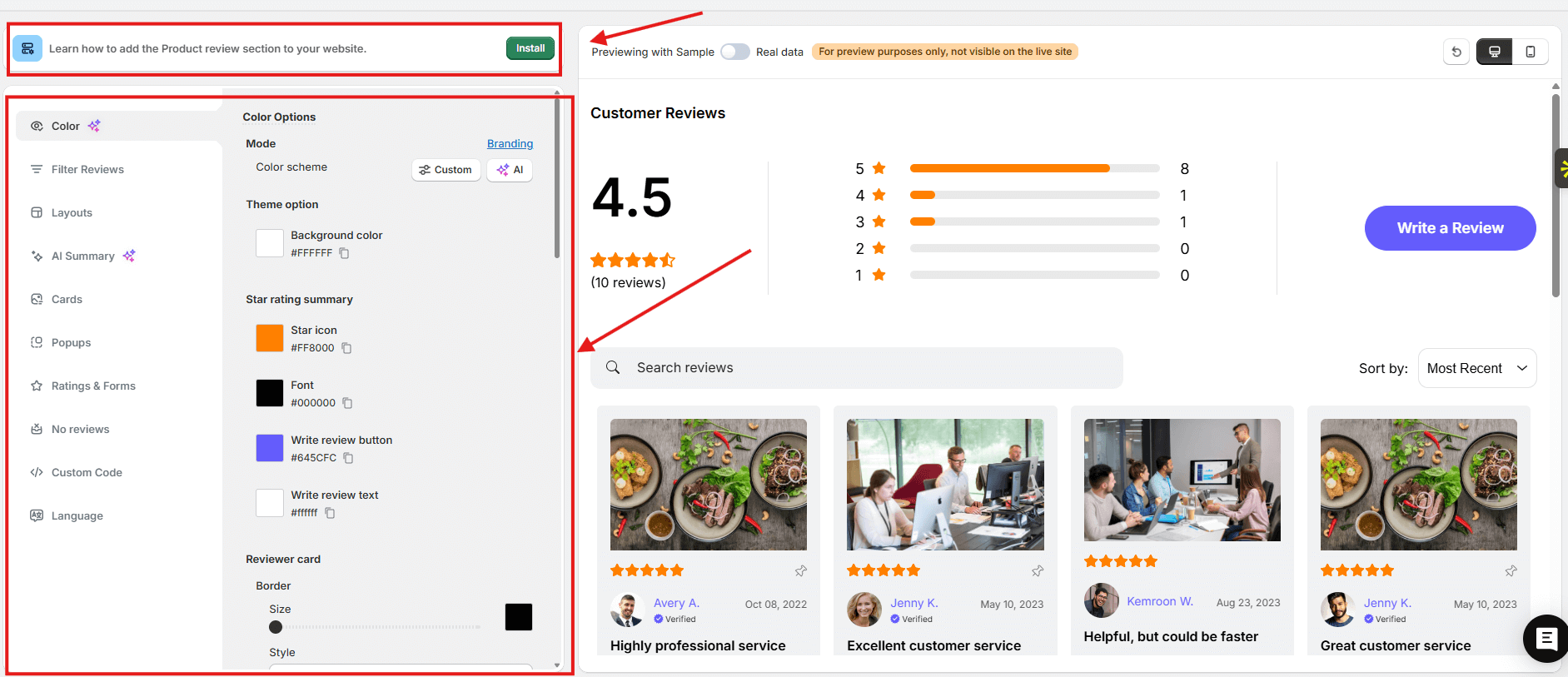 WiserReview widgets customization