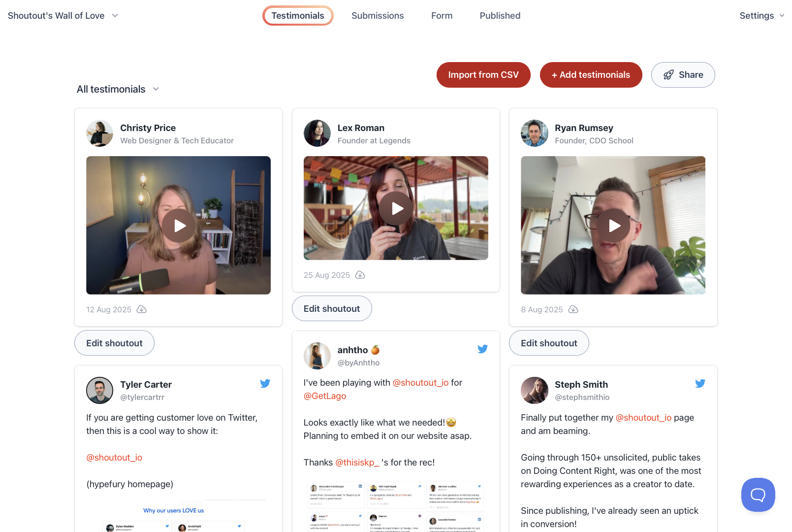 Displays Testimonials