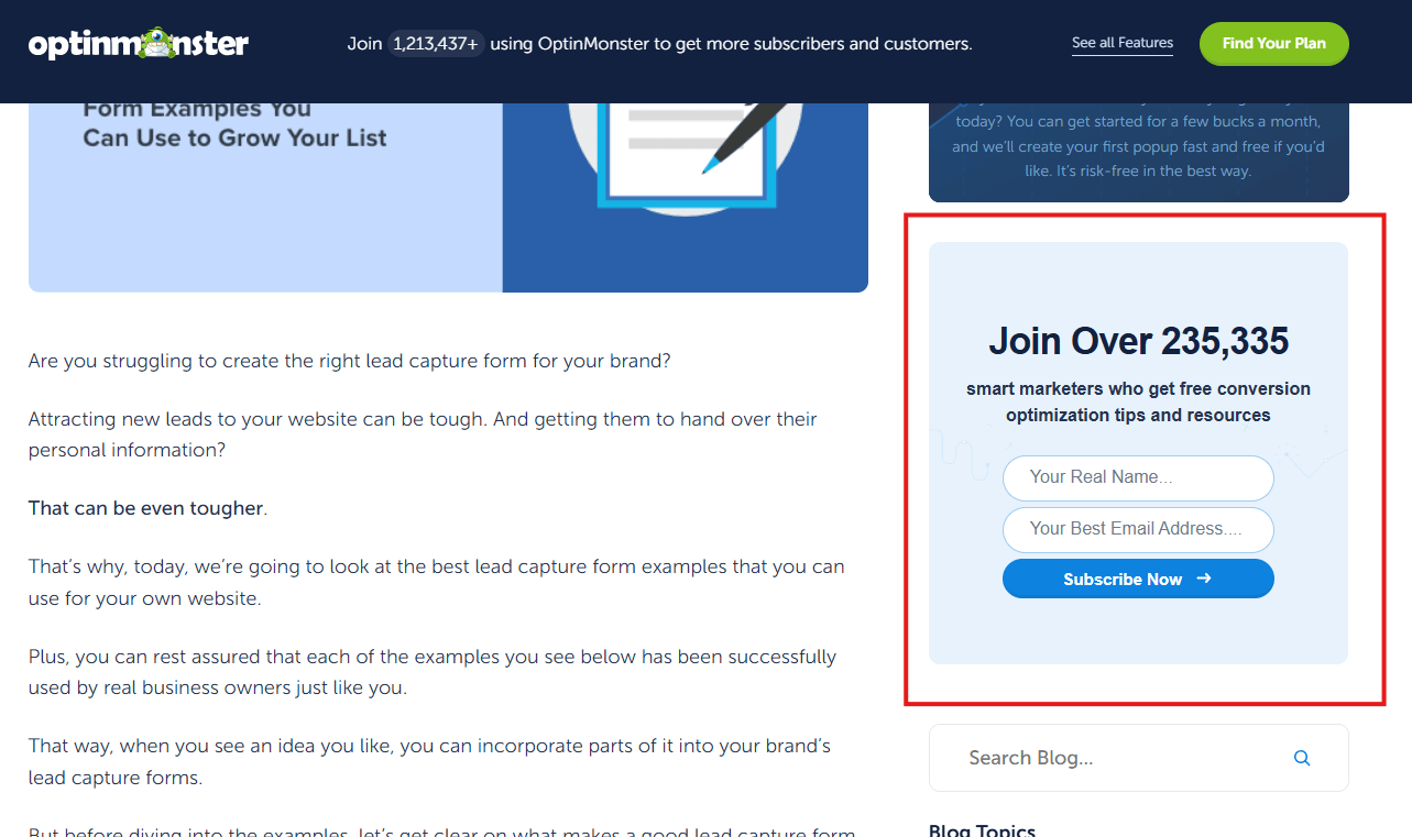 Subscription Widgets (Captures leads and emails)