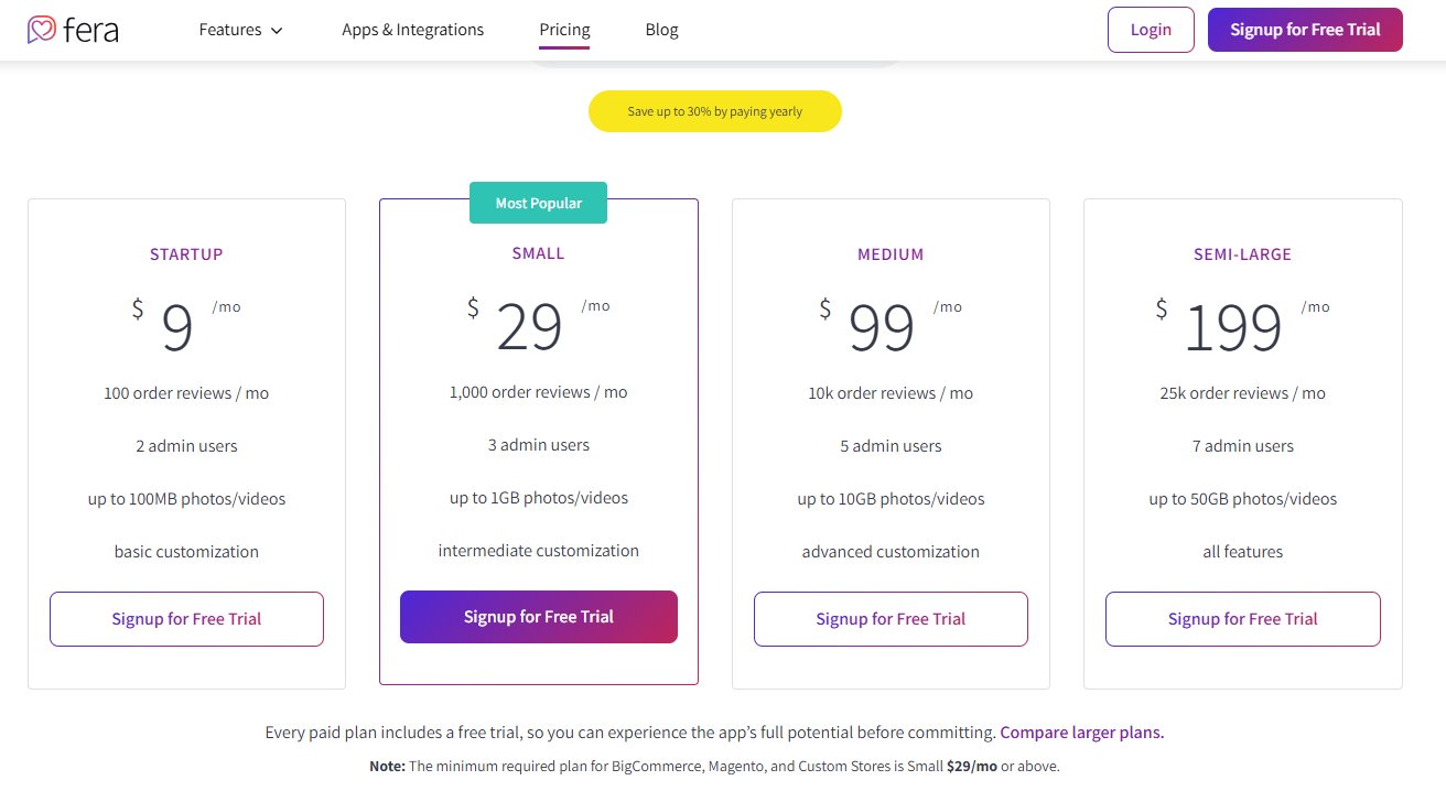 Fera pricing plans 2026 - Startup $9, Small $29, Medium $99, Semi-Large $199 per month