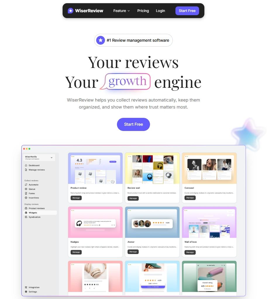 WiserReview homepage - Your reviews, your growth engine. #1 review management software