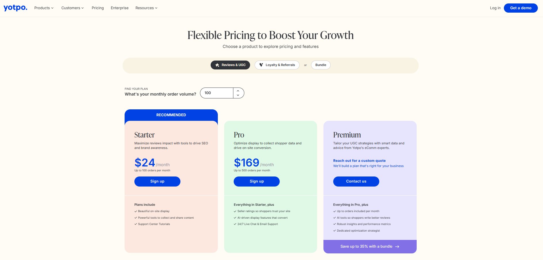 Yotpo pricing plans 2026 - Starter $24, Pro $169, Premium custom per month