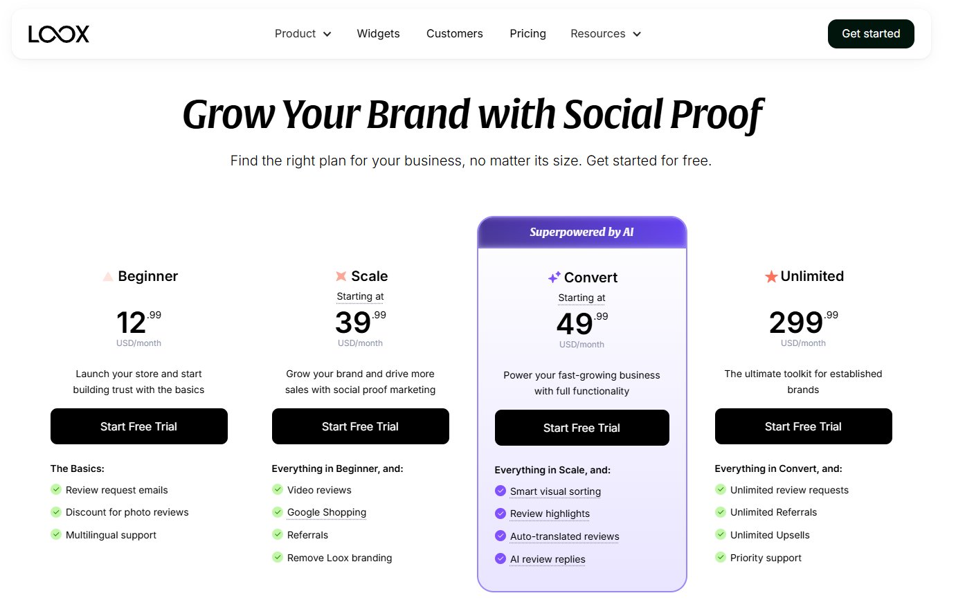 Loox pricing plans 2026 - Beginner $12.99, Scale $39.99, Convert $49.99 per month