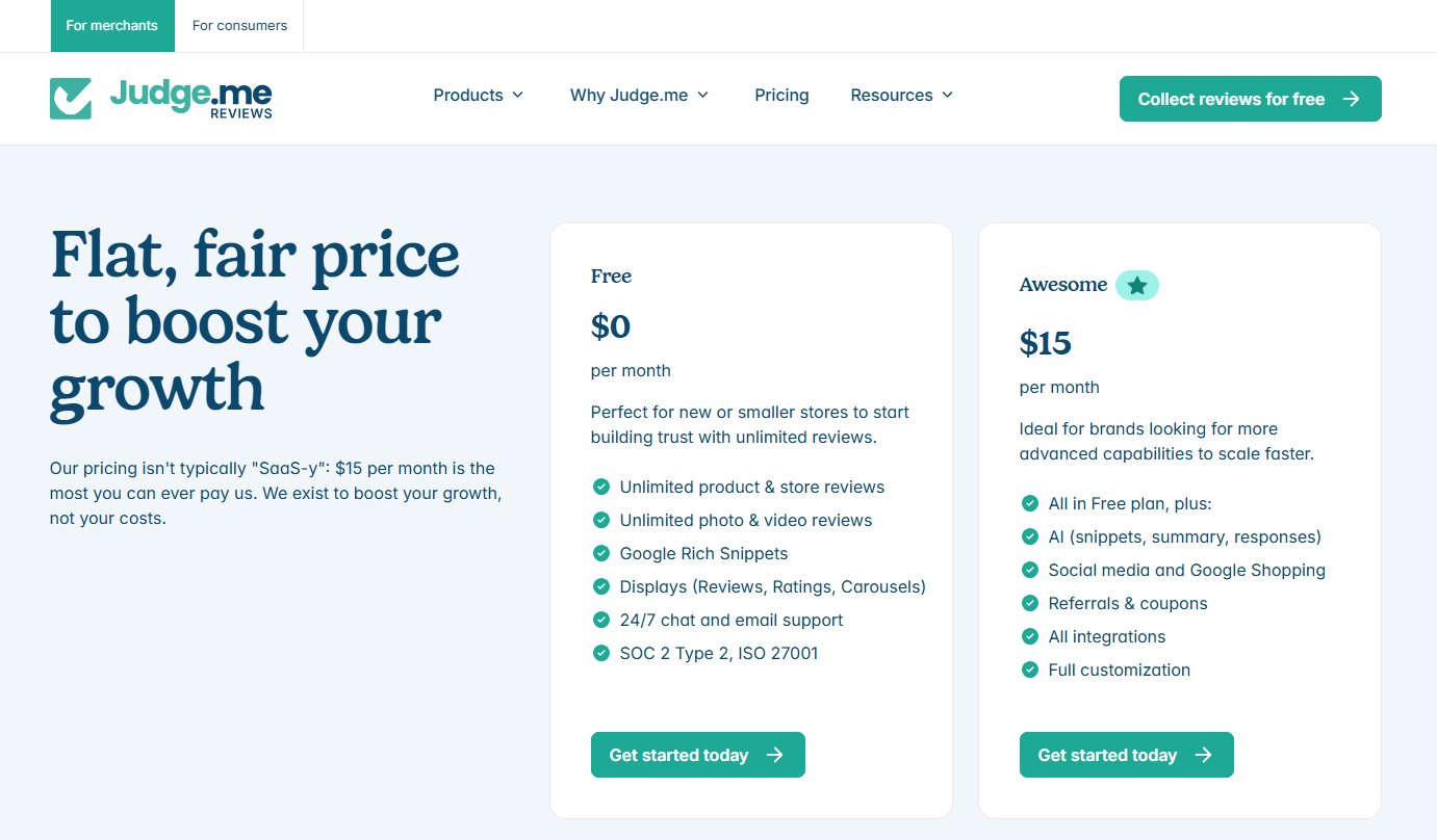 Judge.me pricing plans 2026 - Free $0, Awesome $15 per month